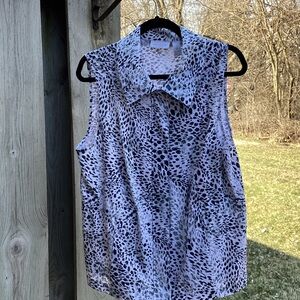 Sleeveless Leopard Print Collared Top - White/Brown